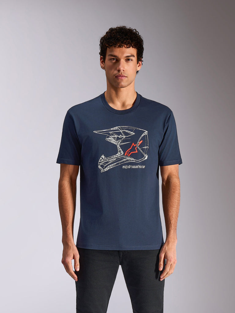 Alpinestars MX Helme t CSF Tee, kortærme t T-shirt, mørkeblå, me d hvid wireframe-grafi k af en motocrosshjel m og rød t stjernelogo, afslappe t motorsport-inspire ret streetwear
