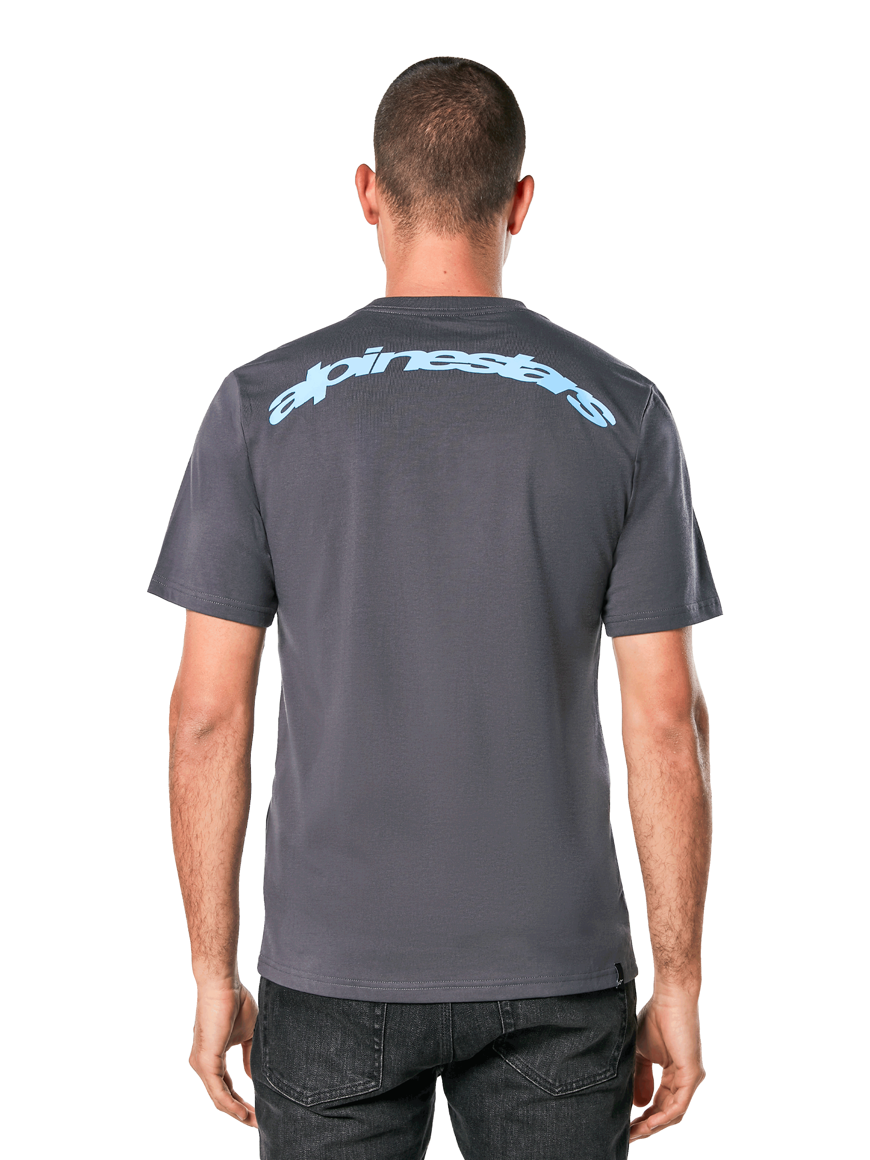 Alpinestars Horizon CSF Tee, Short Sleeve T-Shirt, Charcoal Gray, Back view featuring a light blue Alpinestars arc wordmark, Casual Sportswear