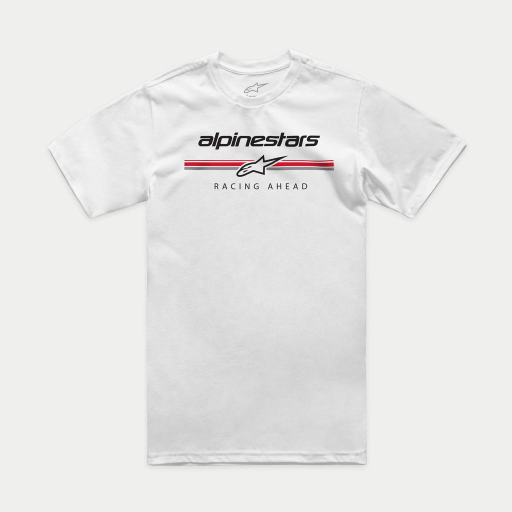 Alpinestars Betteryet CSF Tee, Short Sleeve T-Shirt, White, Front chest paddock-style logo with red and grey stripes and Racing Ahead text, Casual Motorsport Sportswear