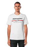 Alpinestars Betteryet CSF Tee, White Short Sleeve T-Shirt, features black Alpinestars logo and red and grey stripes with "Racing Ahead" graphic, modeled by a man with dark jeans, casual motorsport streetwear