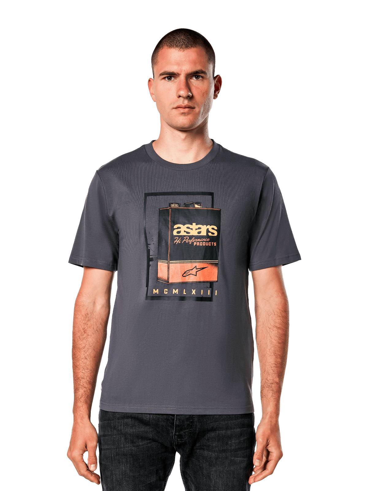 Alpinestars Galun CSF Tee, Charcoal Gray Short Sleeve T-Shirt, featuring a vintage gas can graphic with orange and white astars branding, casual motorsport-inspired streetwear