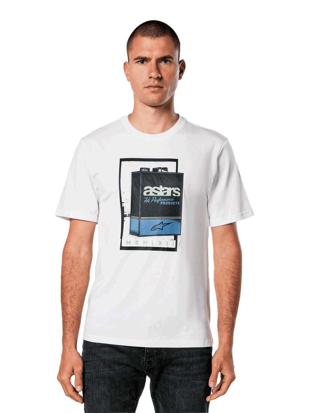 Alpinestars Galun CSF Tee, Short Sleeve White T-Shirt, Blue and Black Vintage Gas Can Graphic with Astars Logo and Roman Numeral MCMLXIII, Casual Motorsport Streetwear