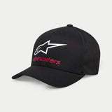 Alpinestars Always 2.0 Hat, Black Baseball Cap, featuring a white Astars logo and red Alpinestars text, structured crown with a curved bill, stretch twill casual sportswear