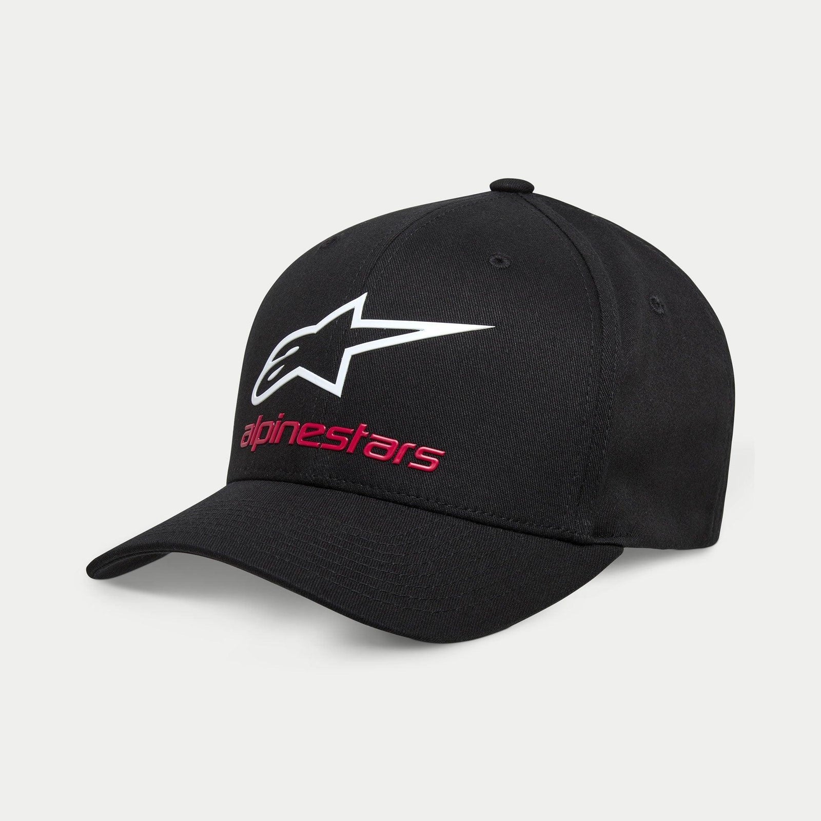 Alpinestars Always 2.0 Hat, Black Baseball Cap, featuring a white Astars logo and red Alpinestars text, structured crown with a curved bill, stretch twill casual sportswear