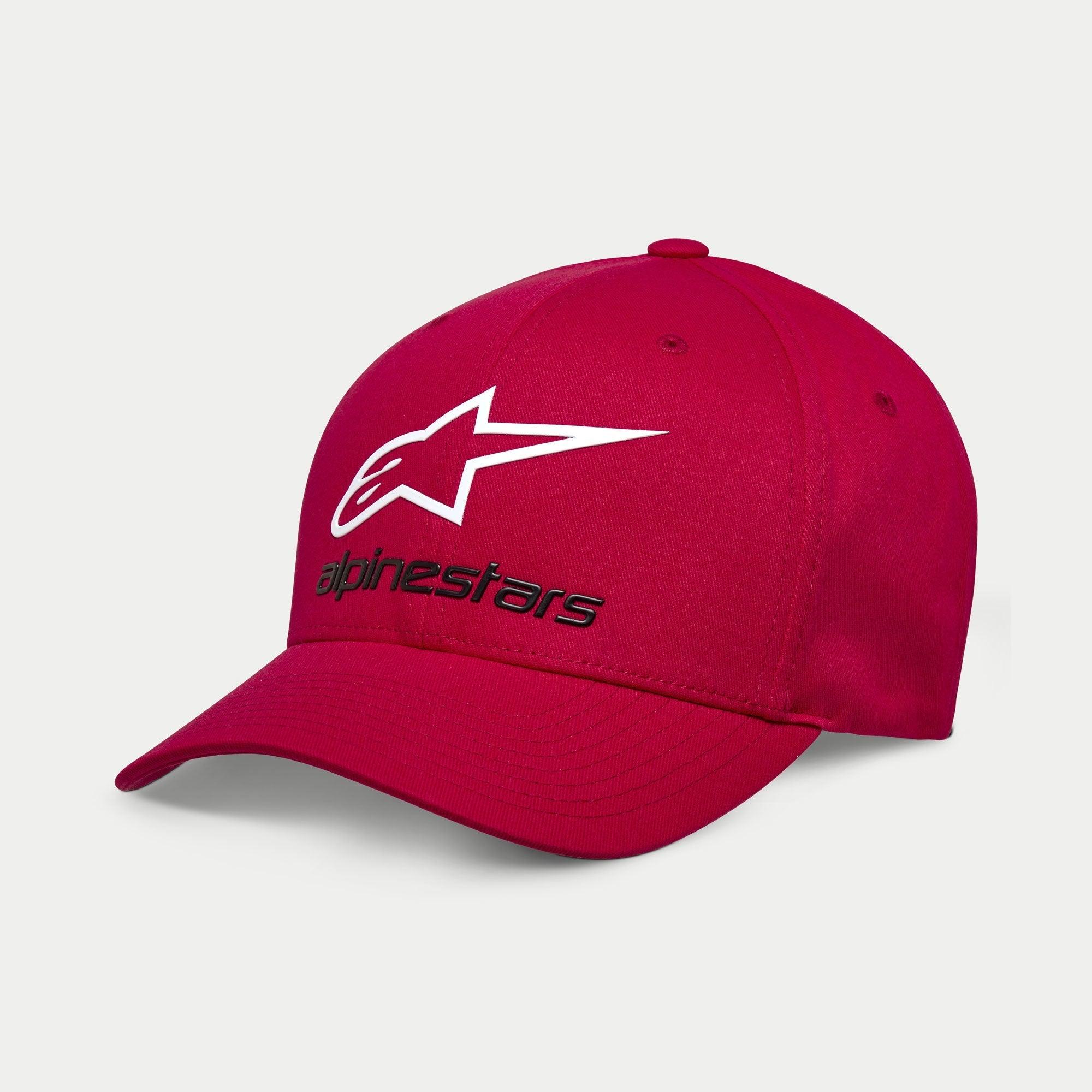 Alpinestars Always 2.0 kasket, sportskasket, rød, hvidt stjerne-logo-omrids med sort Alpinestars-tekst, kurvet skygge med struktureret krone, afslappet motorsport-streetwear