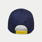 Alpinestars Par Hat, Navy snapback cap, rear view featuring a bright yellow adjustable strap and small black logo tag, structured crown in navy cotton twill, casual sportswear headwear