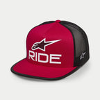 Alpinestars Ride 4.0 Trucker Hat, Red and Black, flat bill with structured crown, white 3D printed Ride logo and Alpinestars A-star on the front, black mesh back with white side logo embroidery, casual streetwear style