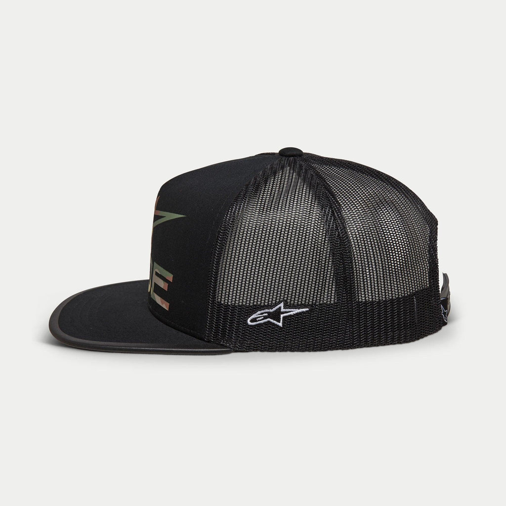 Alpinestars Ride 4.0 Camo Trucker Hat, Black, side profile view, featuring twill front and poly mesh back, white embroidered logo on the side, flat bill with camo print edge, casual motorsport-inspired headwear