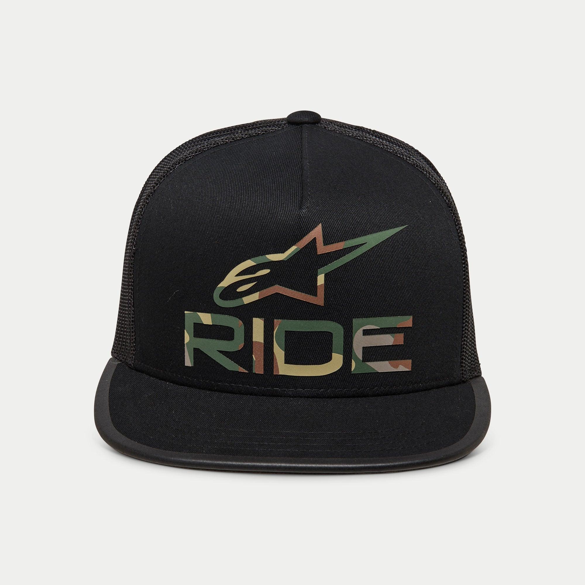 Alpinestars Ride 4.0 Camo Trucker Hat, Black trucker-style snapback hat, featuring camo-patterned logo and 'RIDE' text on a structured crown, flat bill, breathable black mesh back, casual motorsport-inspired design