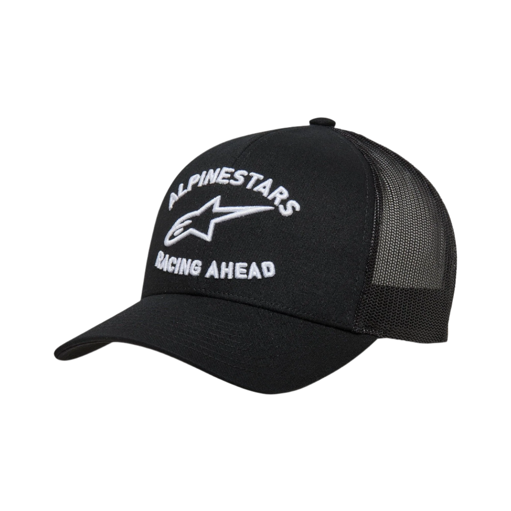 Alpinestars Triple Trucker Hat, Black trucker cap with curved bill and mesh back, white 3D lock-up embroidery featuring 'Alpinestars Racing Ahead' and logo, casual motorsport-inspired headwear