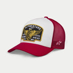Alpinestars Heritage Patch Trucker Hat, White and Red, structured white front panel with large Alpinestars Racing Ahead embroidered patch, red curved bill and mesh back, side star logo, casual lifestyle headwear
