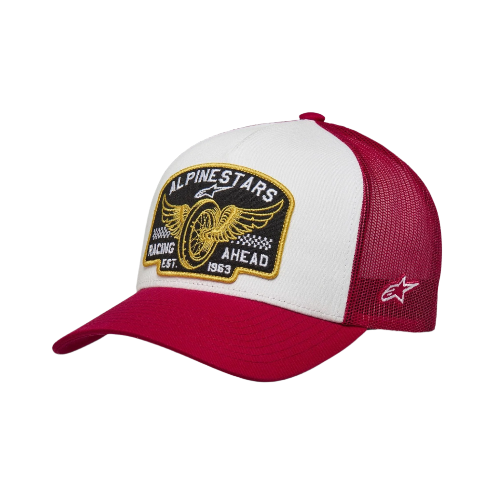 Alpinestars Heritage Patch Trucker Hat, casual snapback cap, White front panel with Red curved bill and mesh back, featuring a large embroidered heritage patch on the front and a small side logo, structured crown, motorsport-inspired headwear