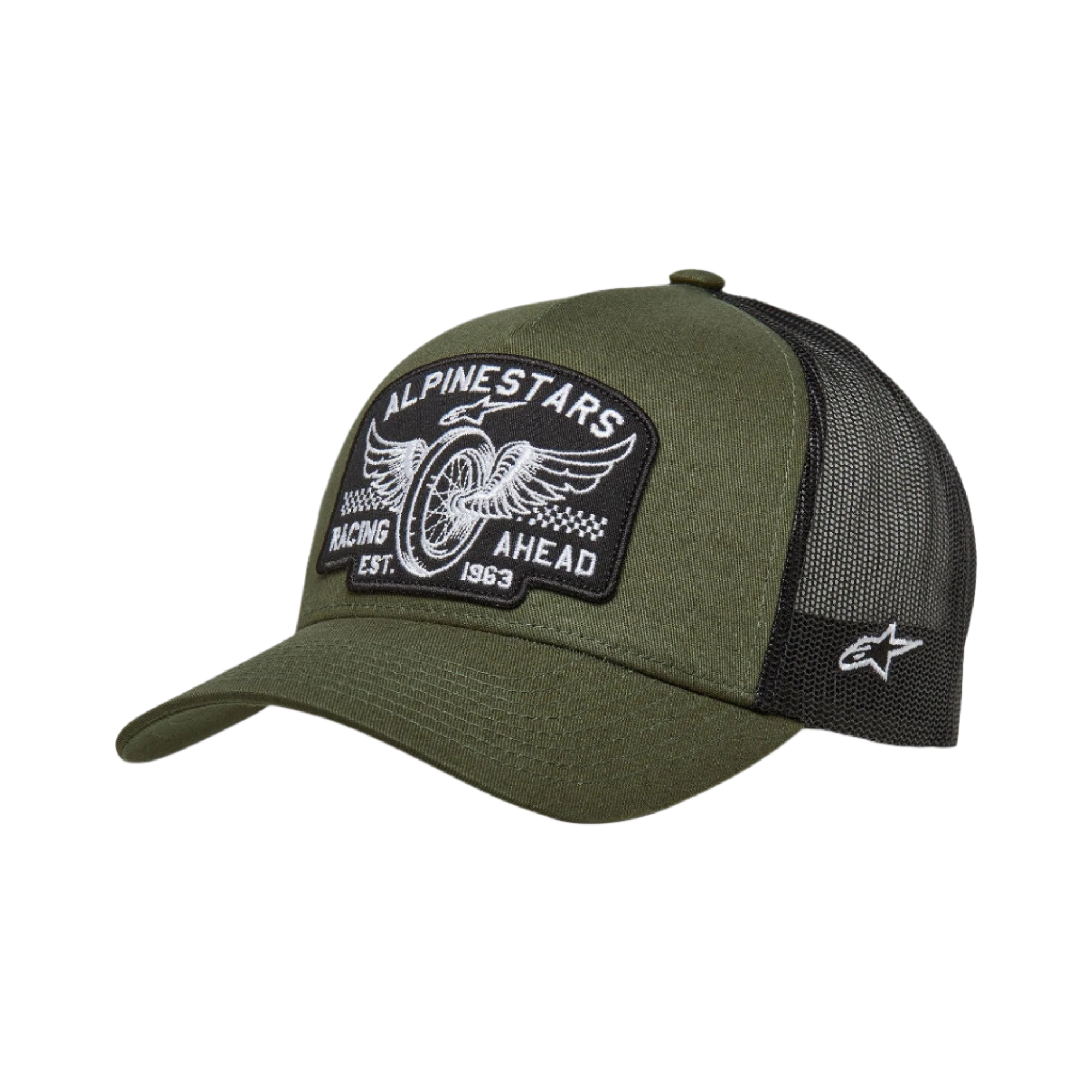 Alpinestars Heritage Patch Trucker Hat, Military Green and Black, large embroidered front patch featuring "Alpinestars Racing Ahead" winged wheel design, breathable black mesh back with side white logo, curved bill, casual motorsport headwear