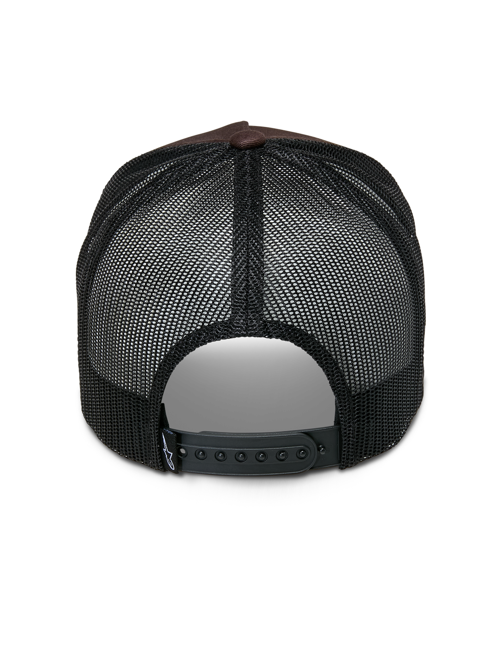Alpinestars Heritage Patch Trucker kasket, trucker kasket, brun og sort, set bagfra med sorte mesh-paneler, justerbar snapback-lukning og lille hvid logodetalje på remmen