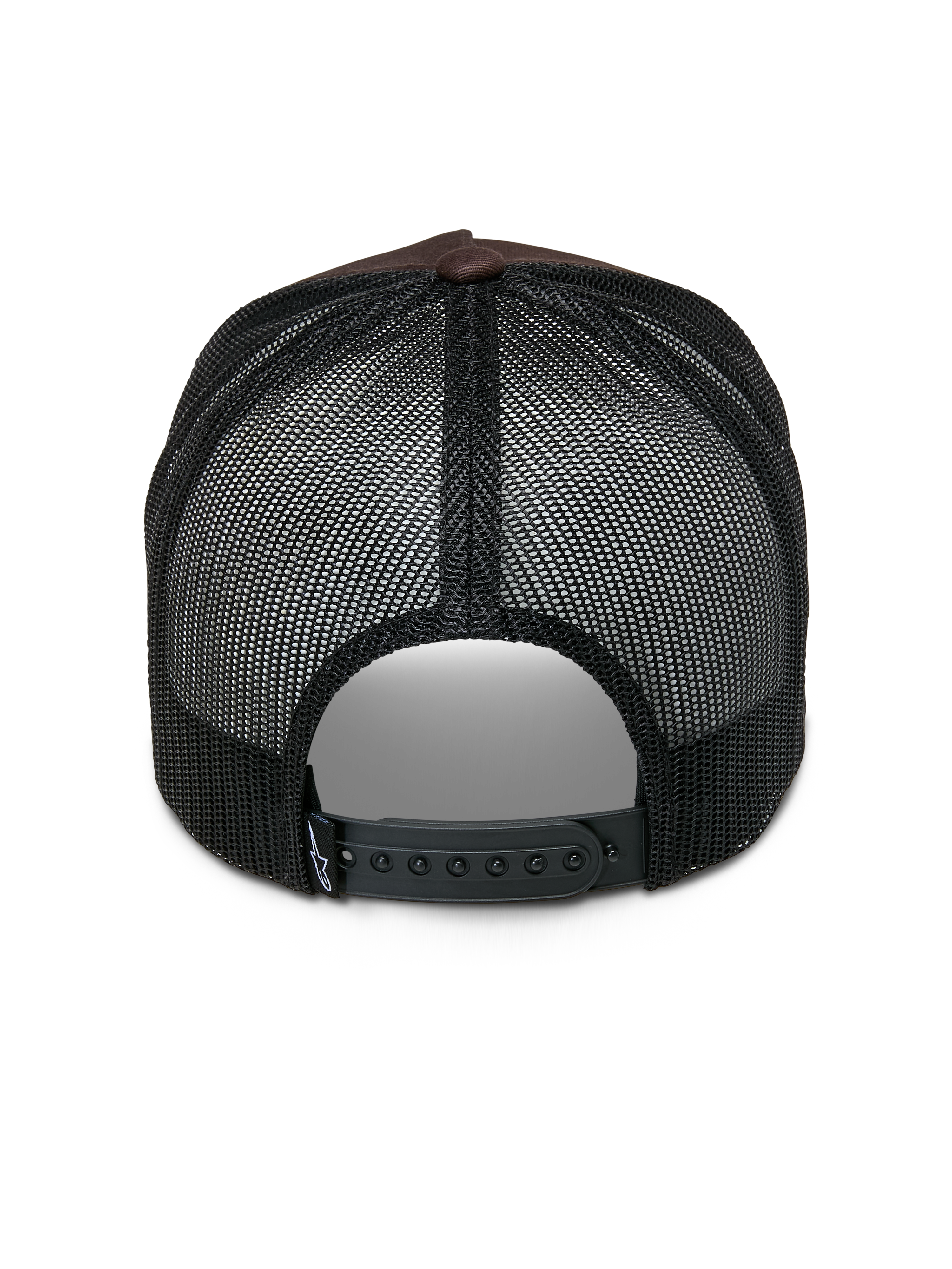 Alpinestars Heritage Patch Trucker kasket, trucker kasket, brun og sort, set bagfra med sorte mesh-paneler, justerbar snapback-lukning og lille hvid logodetalje på remmen