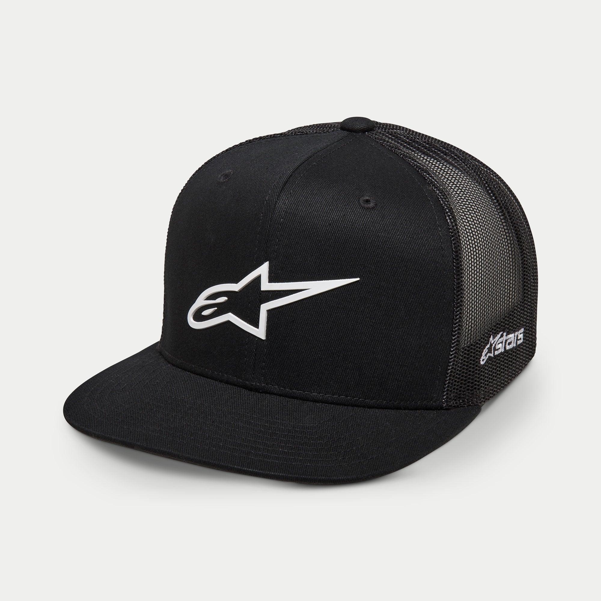 Alpinestars 3D Ageless Trucker kasket, sort og hvid, struktureret krone med flad skygge, mesh-bagside, stort hvidt 3D-broderet Ageless-logo på forsiden, Astars-branding på siden, afslappet motorsport livsstilskasket