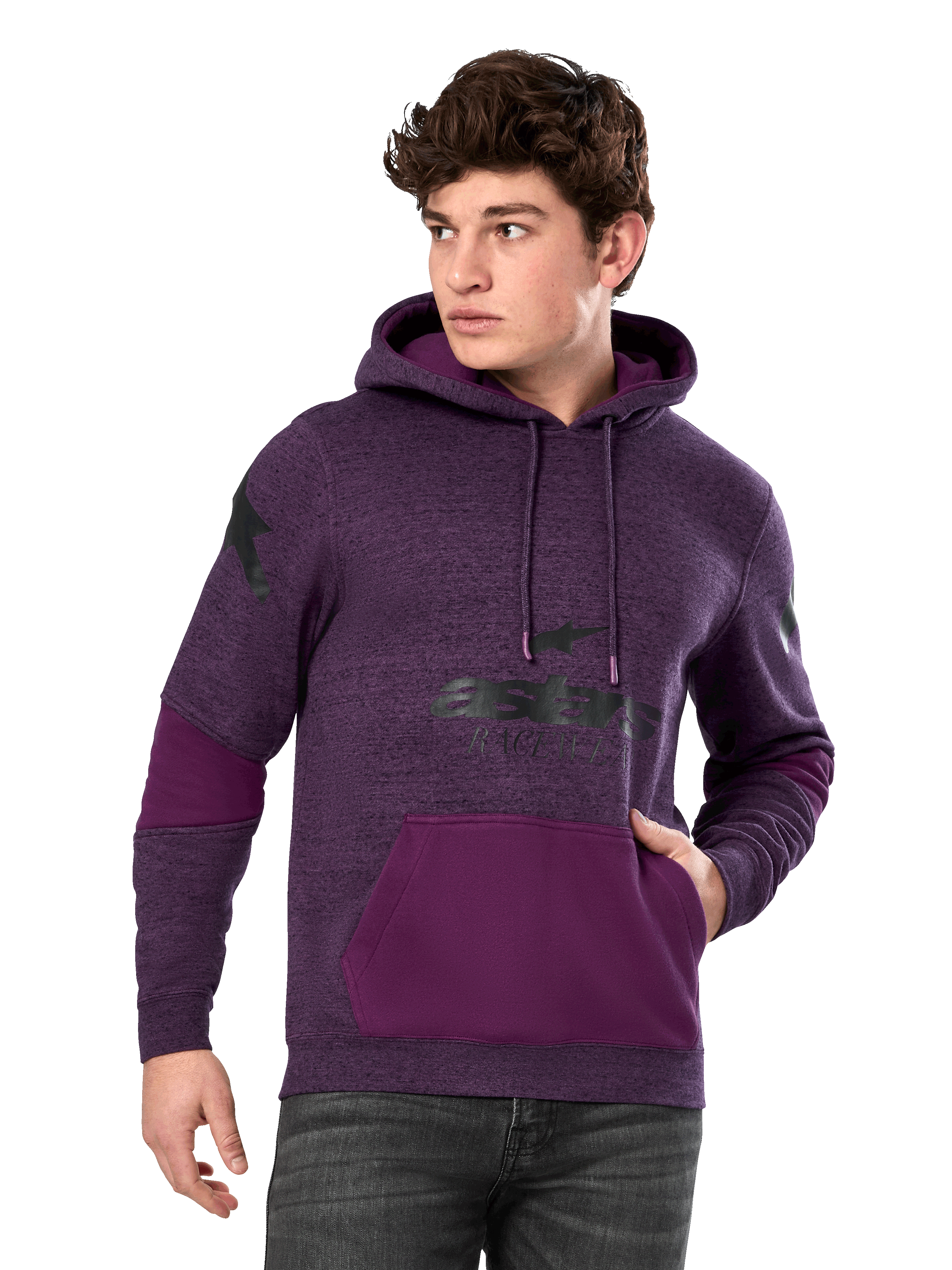 Alpinestars Perpetuate hættetrøje, meleret lilla og mørkelilla, pullover fleece til mænd, sort logografik, kængurulomme, afslappet motorsport-inspireret streetwear