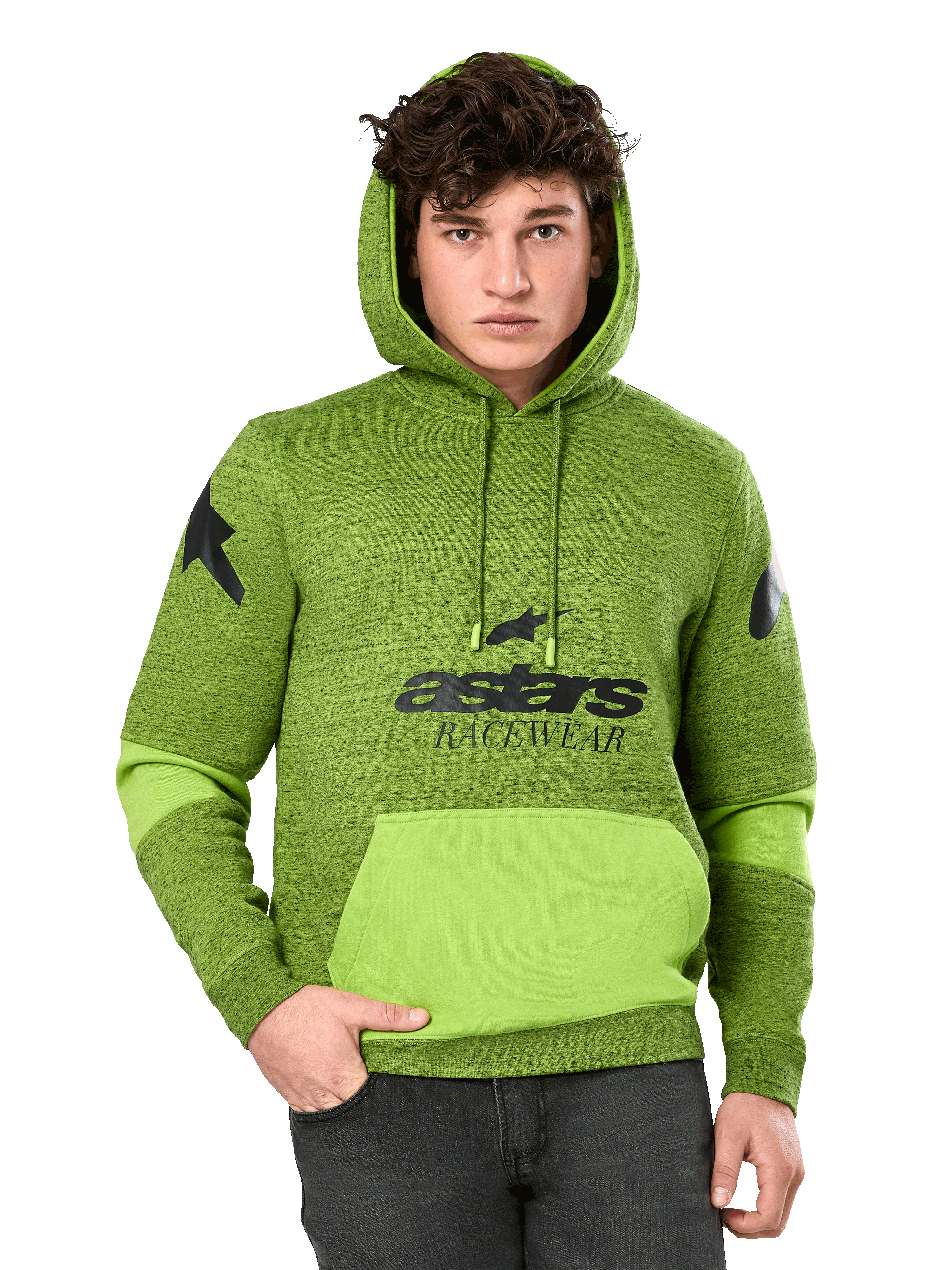 Alpinestars Perpetuate Hoodie, meleret grøn og limefarvet hættetrøje til mænd, med klare limegrønne farveblokke på kængurulommen og ærmerne, sort 'astars RACEWEAR'-grafik på brystet og stjernelogoer på skuldrene, afslappet motorsport-streetwear