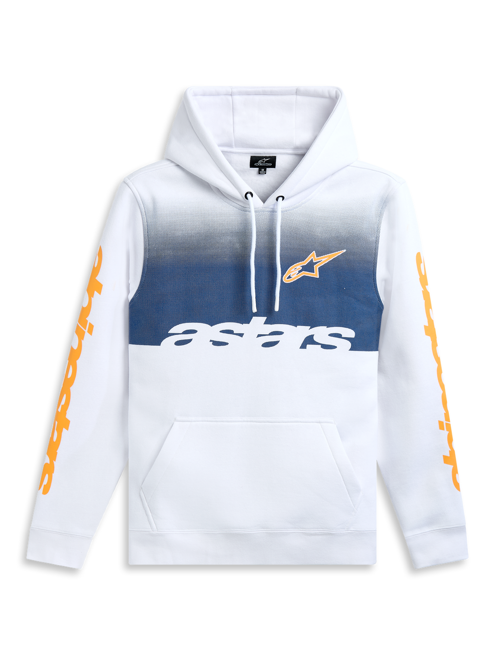 Alpinestars Specter Hættetrøje, hvid pullover hættetrøje med gradueringsfade print og orange ærmelogoer, kængurulomme, afslappet sportstøj