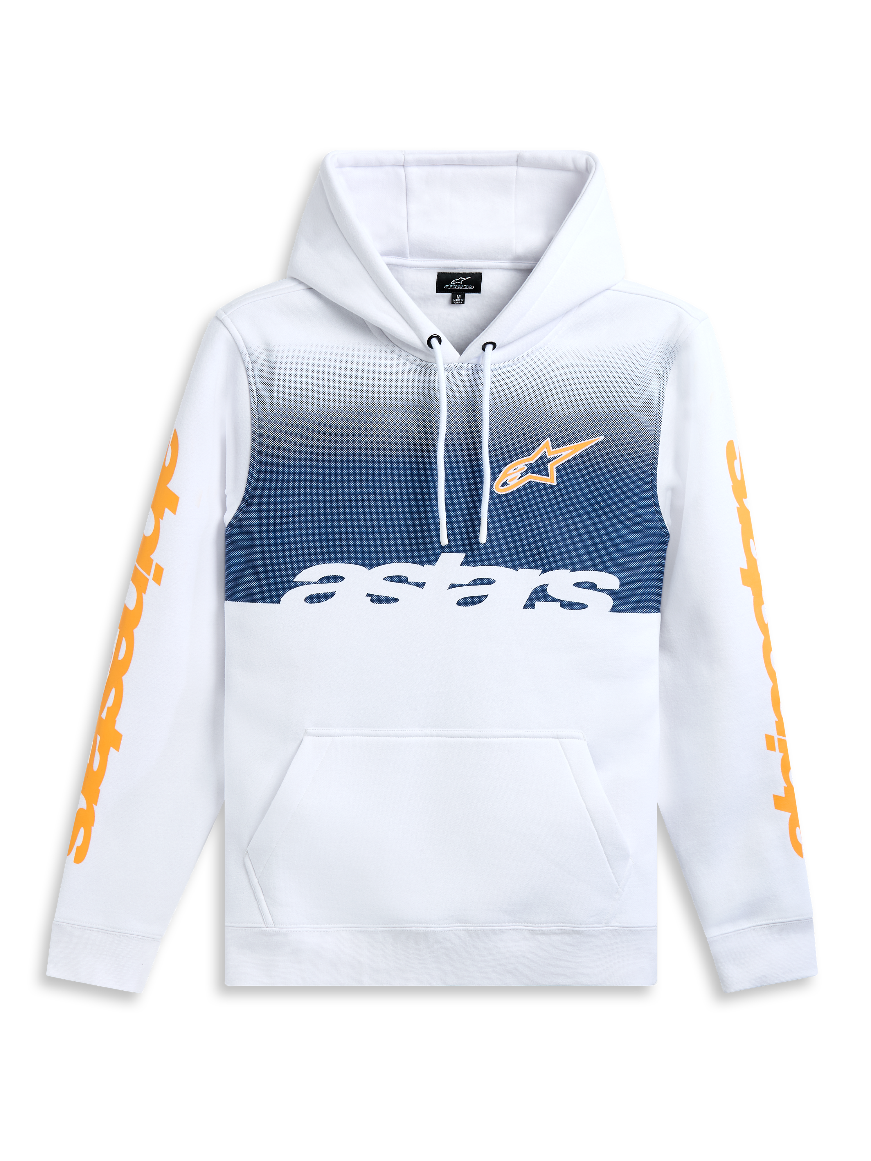 Alpinestars Specter Hættetrøje, hvid pullover hættetrøje med gradueringsfade print og orange ærmelogoer, kængurulomme, afslappet sportstøj