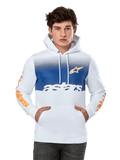 Alpinestars Specter Hoodie, White with blue gradient chest panel, featuring orange star logo and sleeve wordmarks, white astars text, front kangaroo pocket, drawstring hood, casual motorsport streetwear