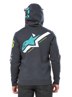 Alpinestars Variegate Hoodie, set bagfra, Gunmetal grå, har et stort blågrønt og hvidt Astars-logo på ryggen med 'New Innovation'-tekst, blågrøn 'Astars'-grafik på hætten, farverige logoer på ærmerne, casual motorsport-streetwear
