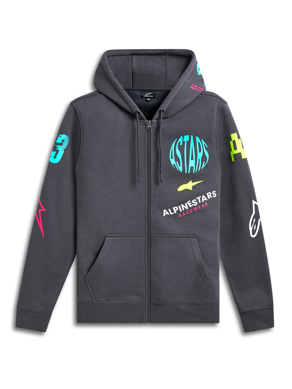 Alpinestars Variegate Hoodie, fleece-hættetrøje med lynlås, Gunmetal grå, farverige neon-logoer på bryst og ærmer, kængurulomme, hætte med snøre, afslappet motorsport-inspireret streetwear