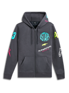 Alpinestars Variegate Hoodie, fleece-hættetrøje med lynlås, Gunmetal grå, farverige neon-logoer på bryst og ærmer, kængurulomme, hætte med snøre, afslappet motorsport-inspireret streetwear