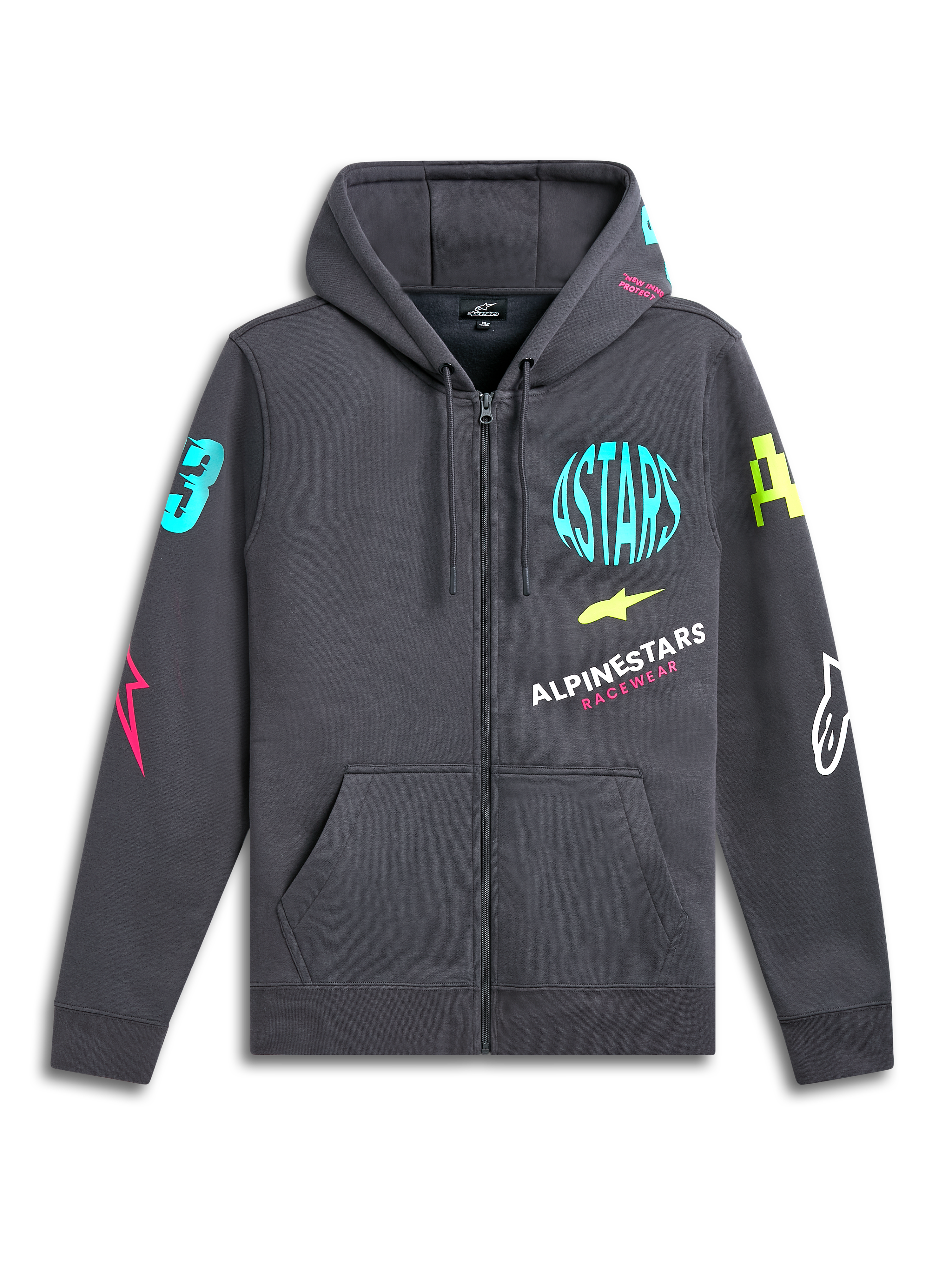 Alpinestars Variegate Hoodie, fleece-hættetrøje med lynlås, Gunmetal grå, farverige neon-logoer på bryst og ærmer, kængurulomme, hætte med snøre, afslappet motorsport-inspireret streetwear