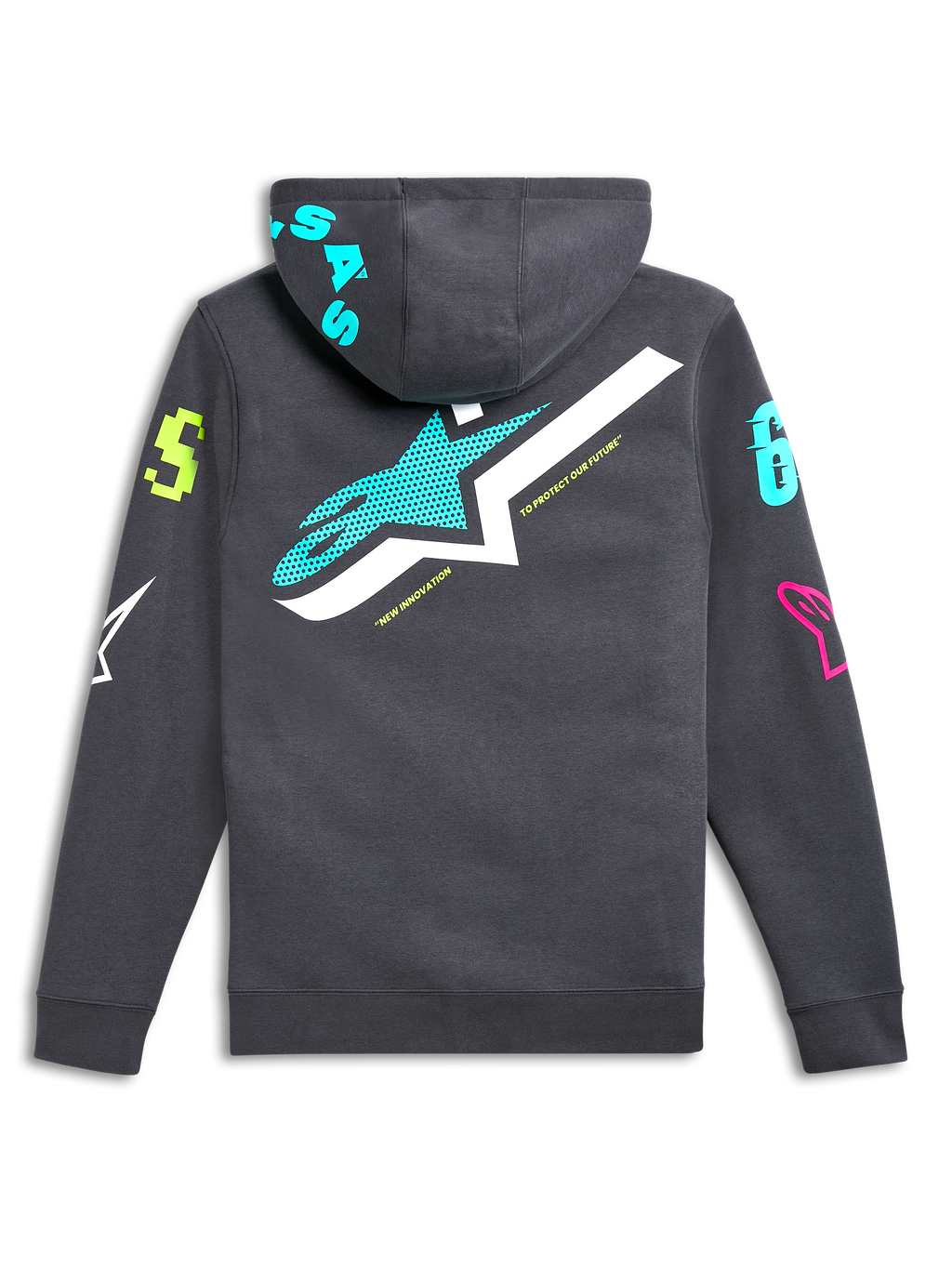 Alpinestars Variegate hættetrøje, set bagfra, gunmetal grå med stort blågrønt og hvidt stjernelogo, farverige grafiske logoer på ærmer og hætte, afslappet motorsport-inspireret streetwear