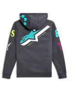 Alpinestars Variegate hættetrøje, set bagfra, gunmetal grå med stort blågrønt og hvidt stjernelogo, farverige grafiske logoer på ærmer og hætte, afslappet motorsport-inspireret streetwear