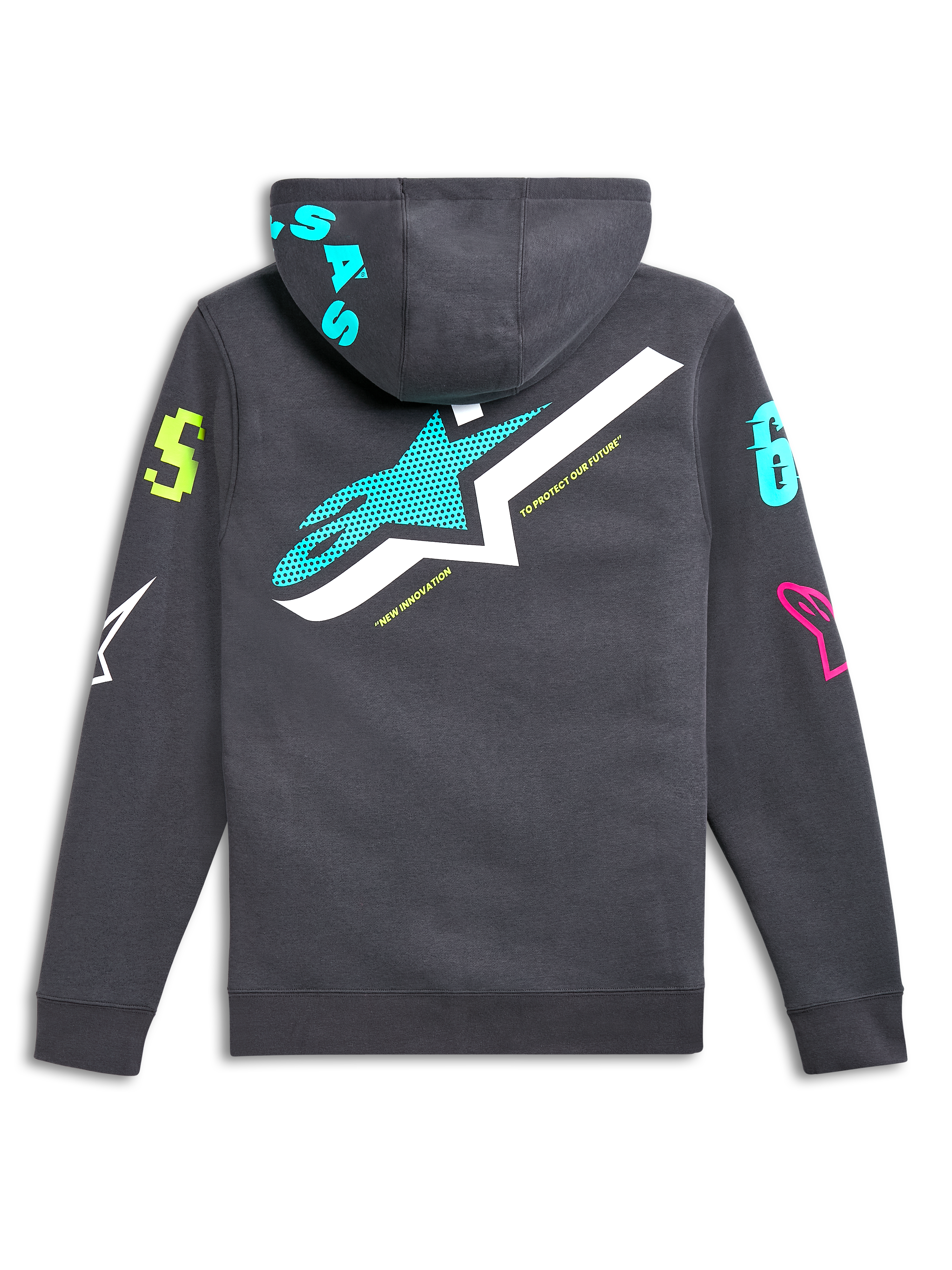 Alpinestars Variegate hættetrøje, set bagfra, gunmetal grå med stort blågrønt og hvidt stjernelogo, farverige grafiske logoer på ærmer og hætte, afslappet motorsport-inspireret streetwear