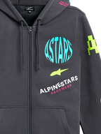Alpinestars Variegate hættetrøje, fleece-hættetrøje med lynlås, gunmetal-grå med flerfarvet logografik, lyseblå ASTARS-cirkel, limegrønne detaljer og lyserød skrift, afslappet motorsport-streetwear