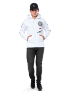 Alpinestars Variegate Hoodie, White Zip-Up Fleece Hoodie, multi-logo artwork with 'ASTARS' and red star logo on chest, graphic details on sleeves, worn by model with black cap and black jeans, casual motorsport streetwear