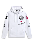 Alpinestars Variegate Hoodie, Zip Front Fleece Hoodie, White, Multi-logo art with black ASTARS circular text and red star logo on chest, graphics on sleeves, kangaroo pockets and drawstring hood, casual motorsport streetwear