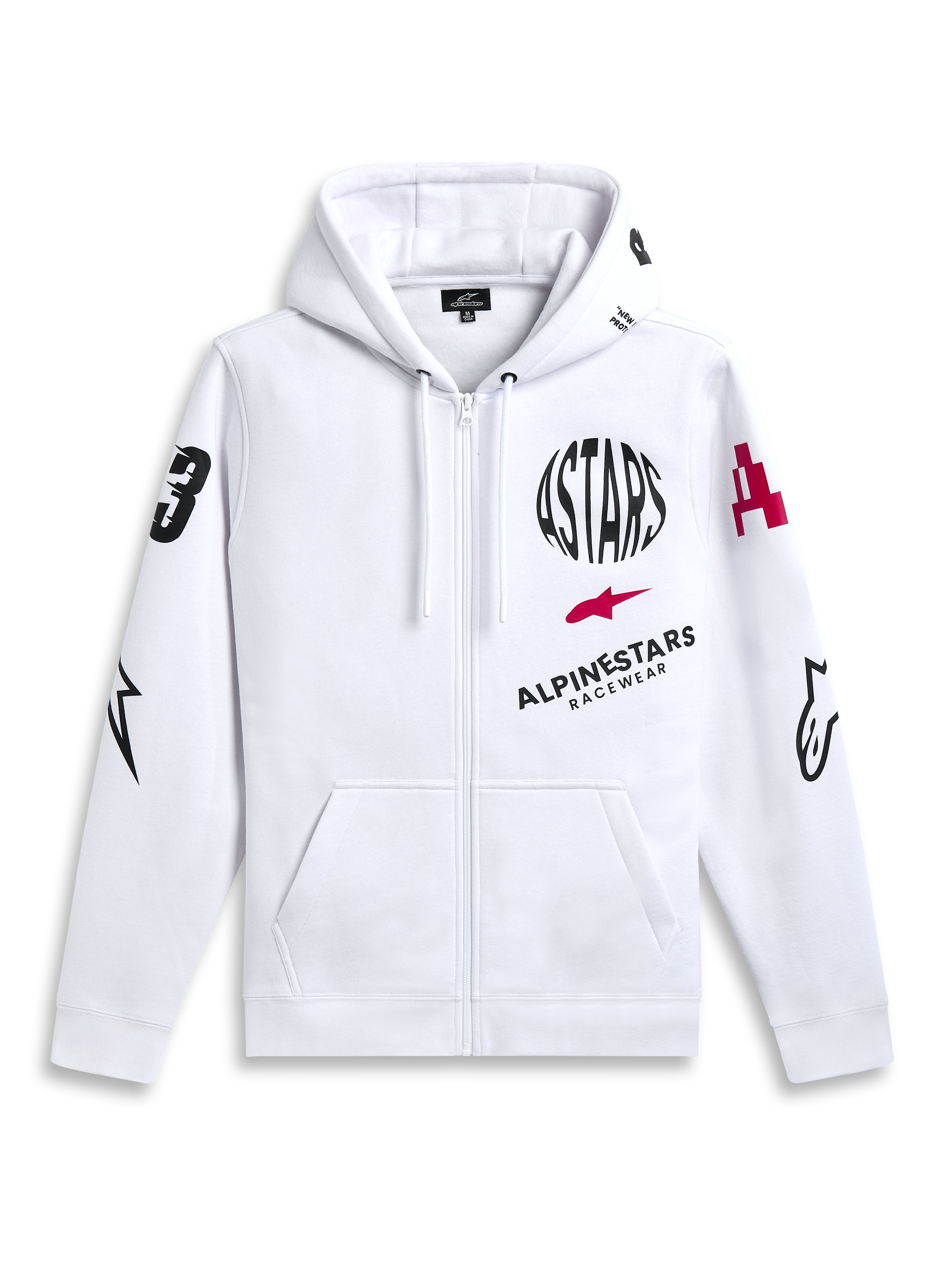Alpinestars Variegate Hoodie, Zip Front Fleece Hoodie, White, Multi-logo art with black ASTARS circular text and red star logo on chest, graphics on sleeves, kangaroo pockets and drawstring hood, casual motorsport streetwear