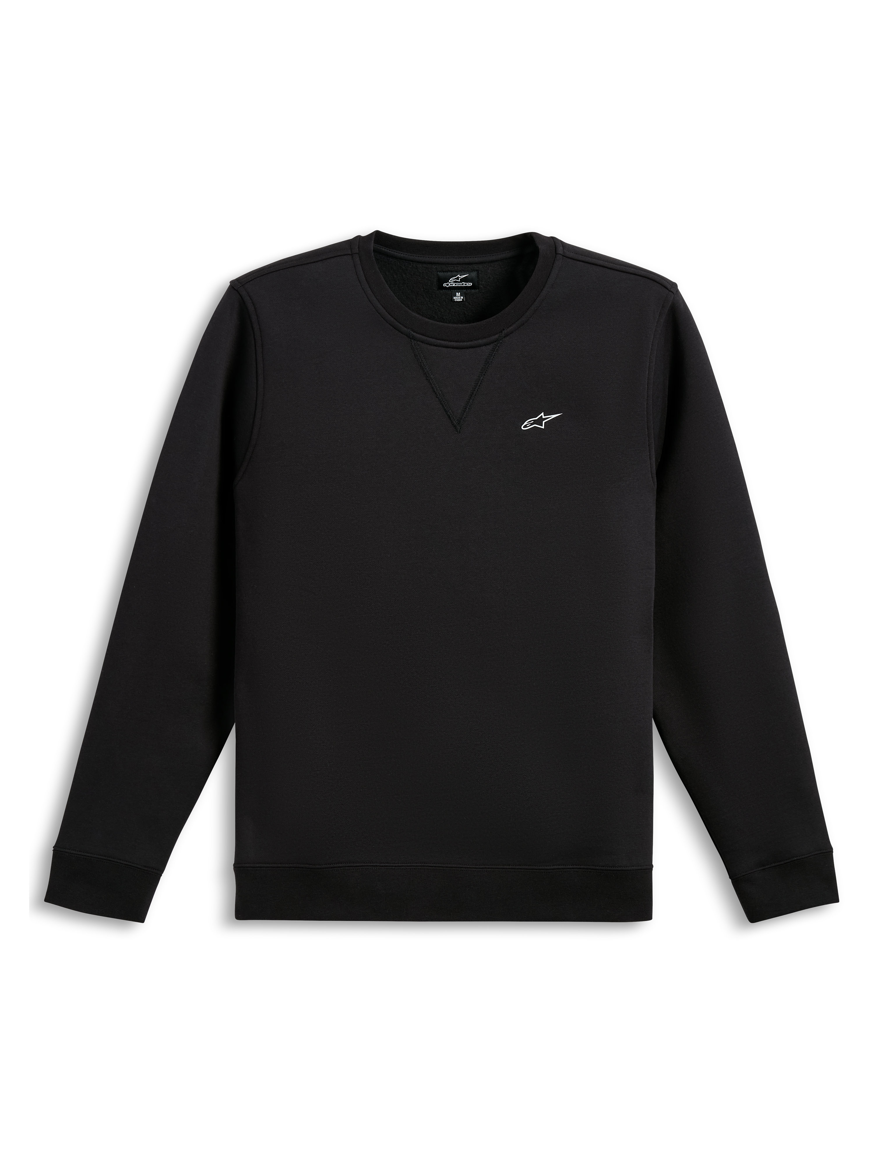 Alpinestars Positive Crew, sort sweatshirt med hvidt brystlogo og ribstrikkede manchetter og søm, afslappet motorsport sportstøj