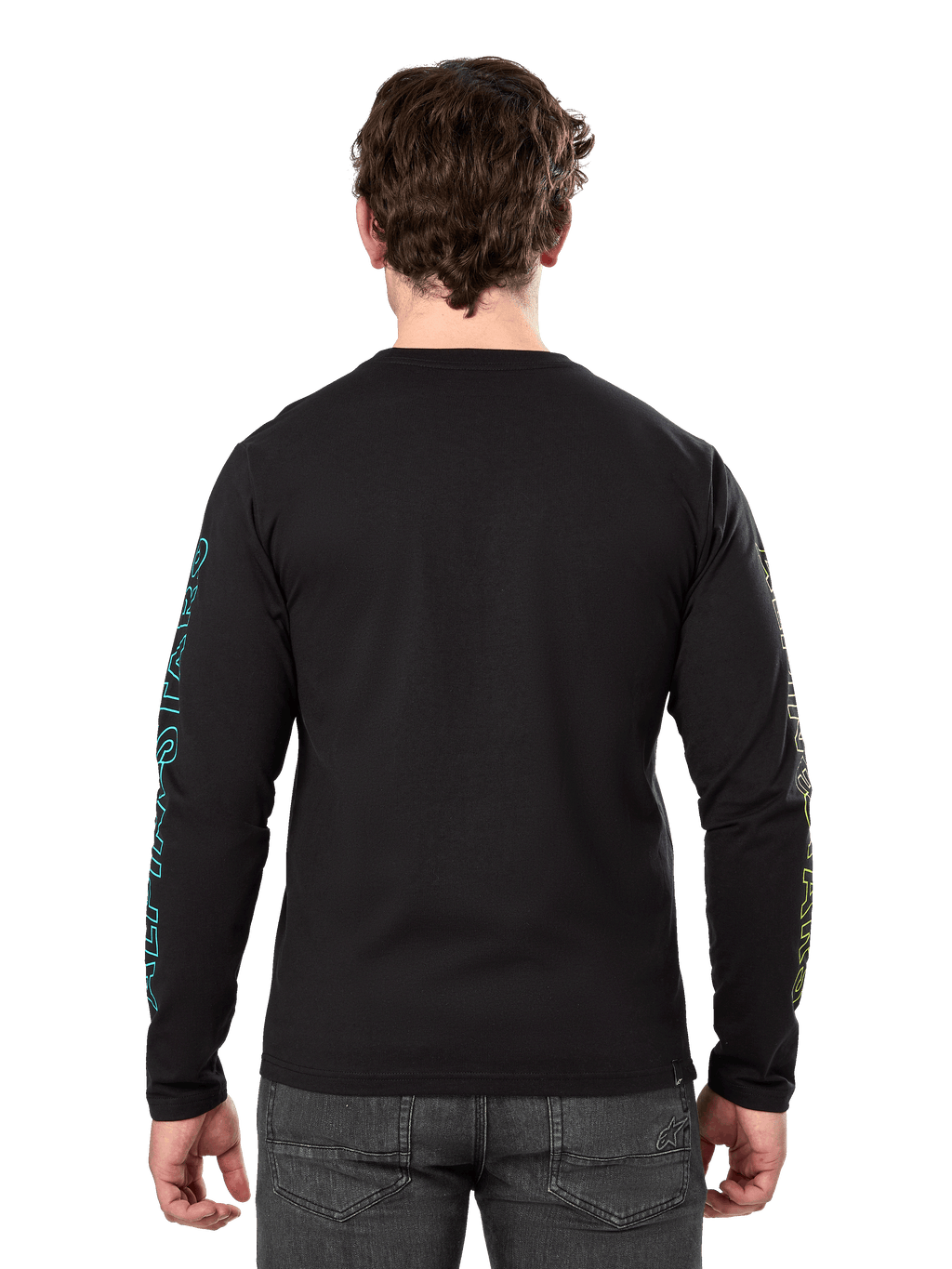 Alpinestars Ayess Csf Tee, langærmet T-shirt, sort, set bagfra med blå og gul grafik på ærmerne, afslappet motorsport-streetwear