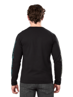 Alpinestars Ayess Csf Tee, langærmet T-shirt, sort, set bagfra med blå og gul grafik på ærmerne, afslappet motorsport-streetwear