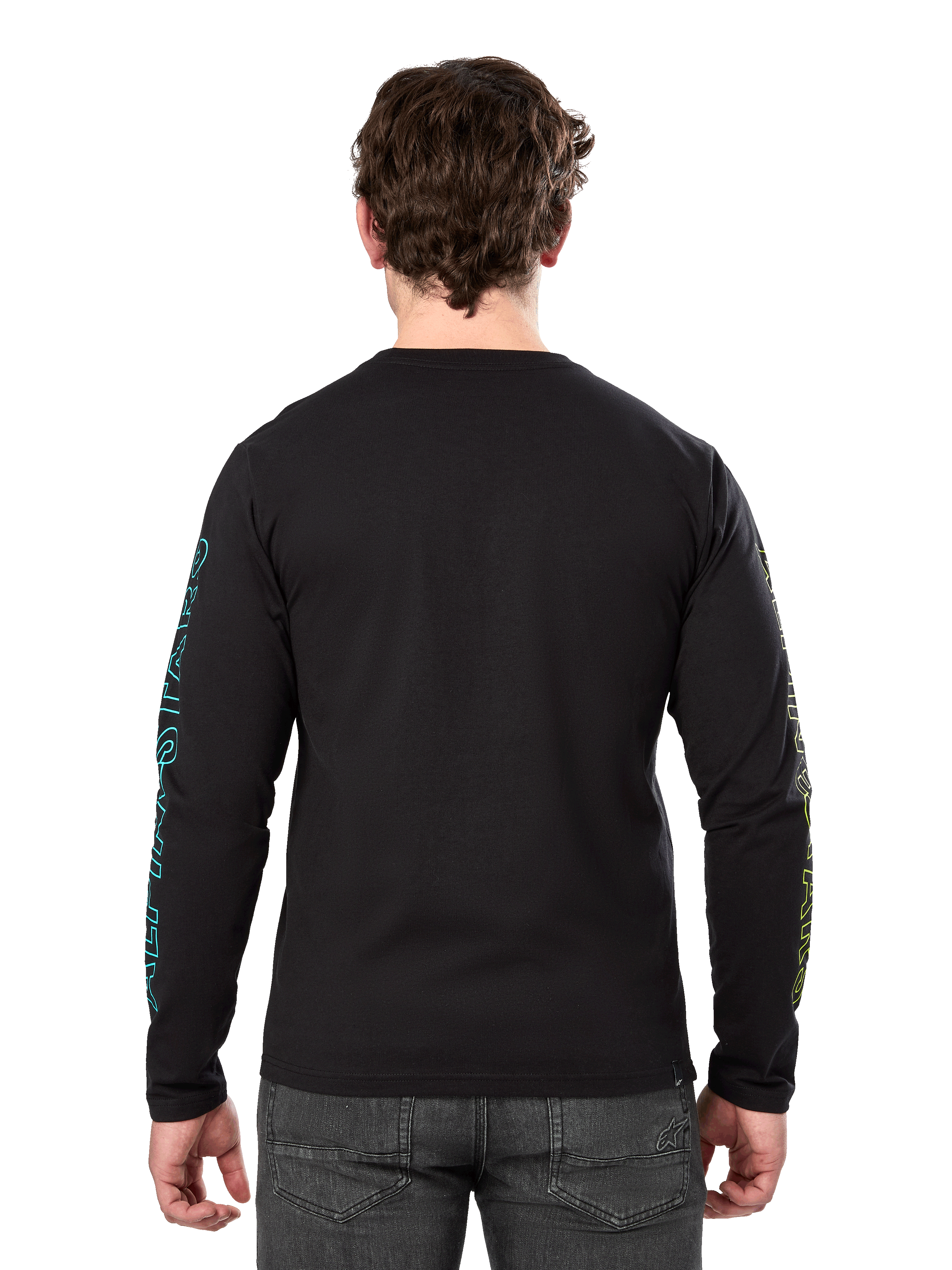 Alpinestars Ayess Csf Tee, langærmet T-shirt, sort, set bagfra med blå og gul grafik på ærmerne, afslappet motorsport-streetwear