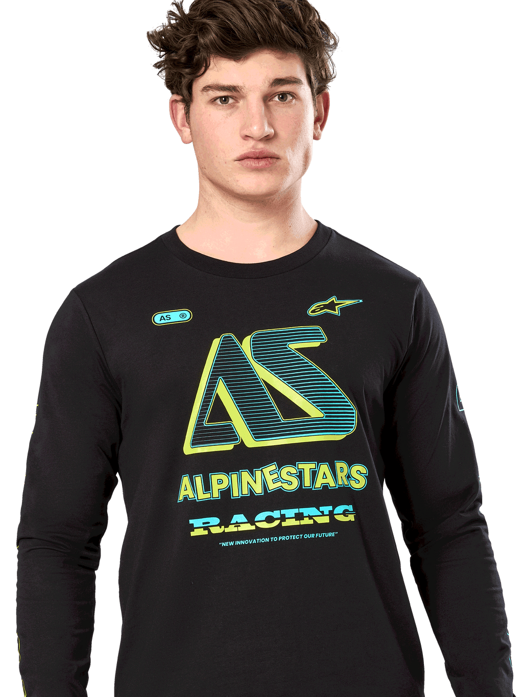 Alpinestars Ayess Csf Tee, langærmet T-shirt, sort, stiliseret AS-grafik med neongule og blågrønne detaljer, ALPINESTARS RACING-branding, afslappet motorsport-streetwear