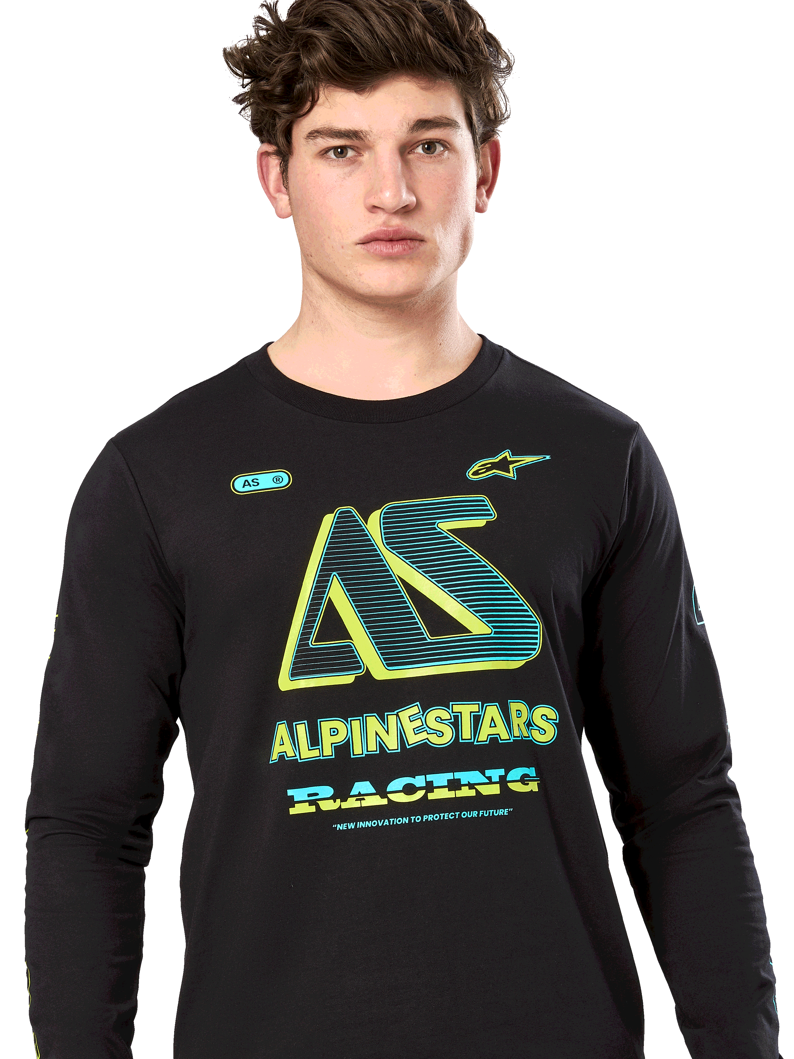 Alpinestars Ayess Csf Tee, langærmet T-shirt, sort, stiliseret AS-grafik med neongule og blågrønne detaljer, ALPINESTARS RACING-branding, afslappet motorsport-streetwear