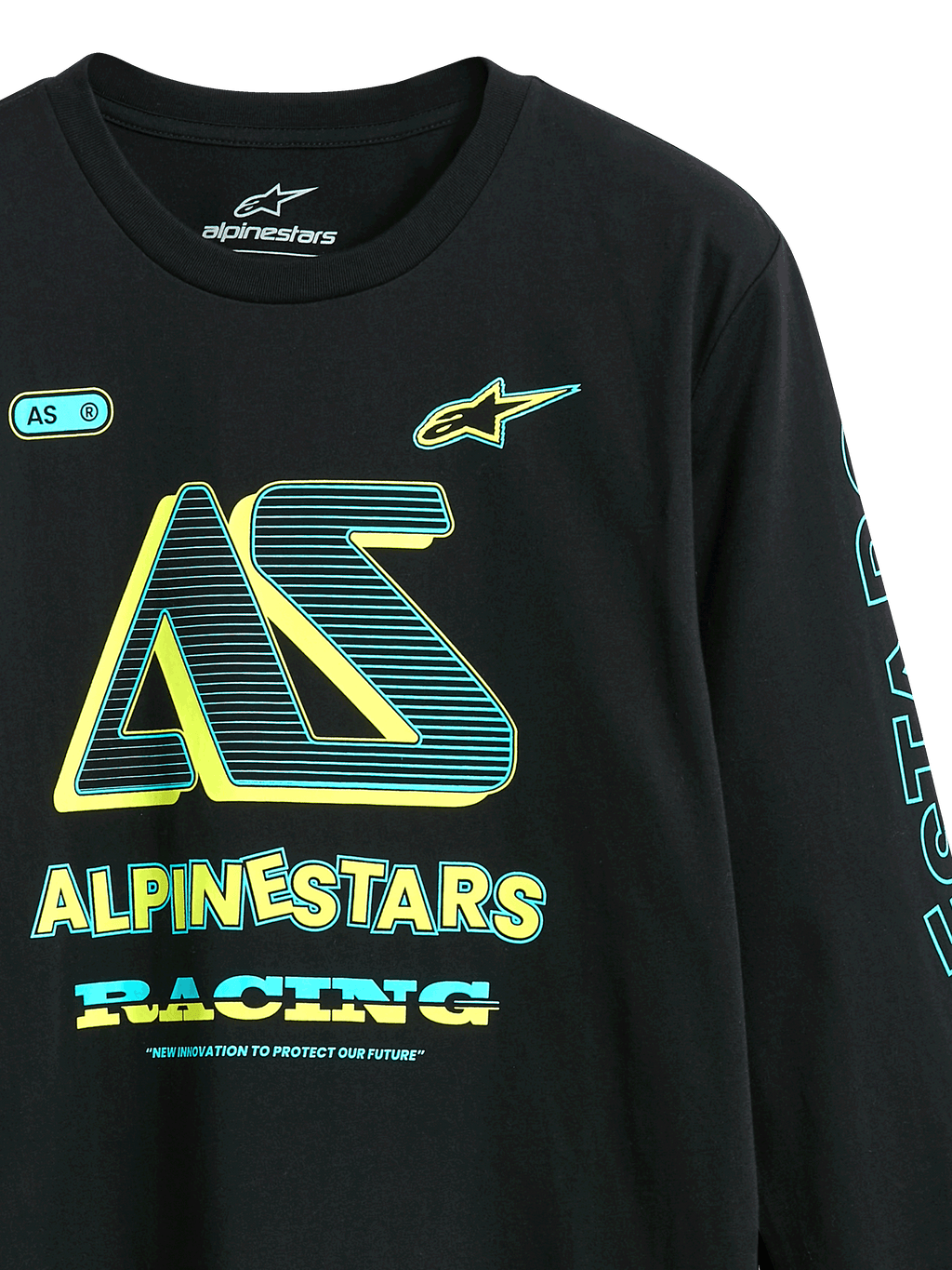 Alpinestars Ayess CSF Tee, langærmet T-shirt, sort, grafik på forsiden med 'AS'-logo og 'Alpinestars Racing' i gul og cyan, afslappet motorsport-inspireret streetwear