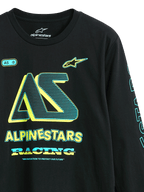 Alpinestars Ayess CSF Tee, langærmet T-shirt, sort, grafik på forsiden med 'AS'-logo og 'Alpinestars Racing' i gul og cyan, afslappet motorsport-inspireret streetwear