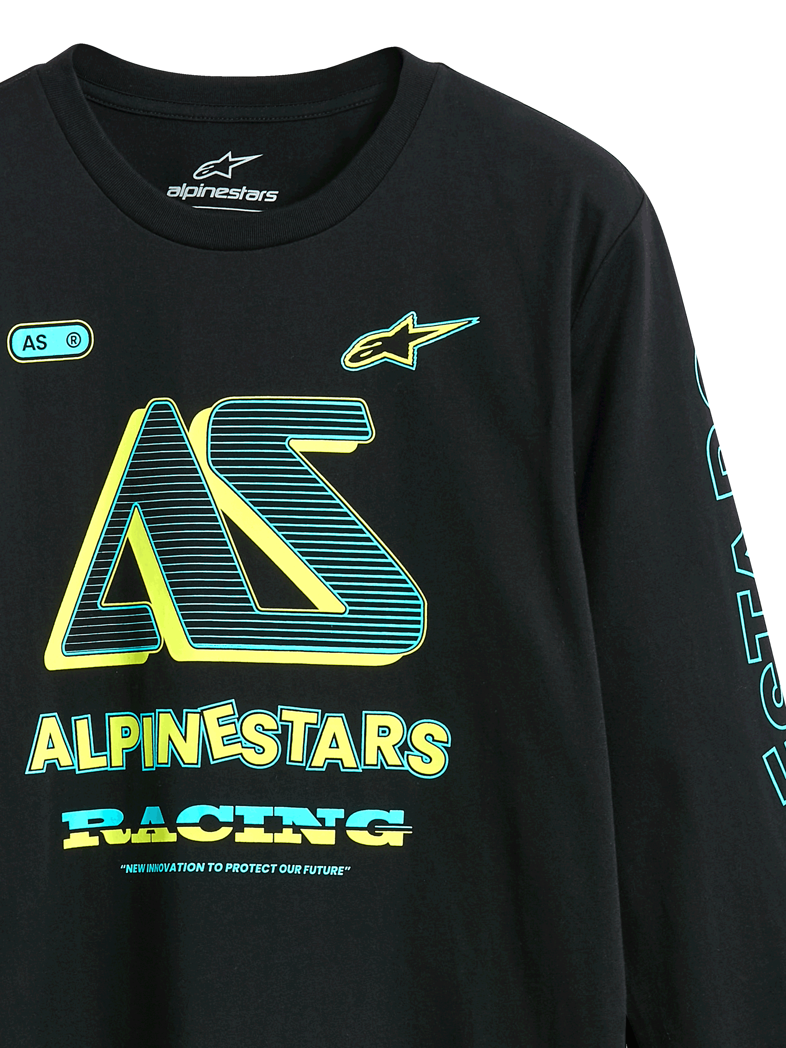 Alpinestars Ayess CSF Tee, langærmet T-shirt, sort, grafik på forsiden med 'AS'-logo og 'Alpinestars Racing' i gul og cyan, afslappet motorsport-inspireret streetwear