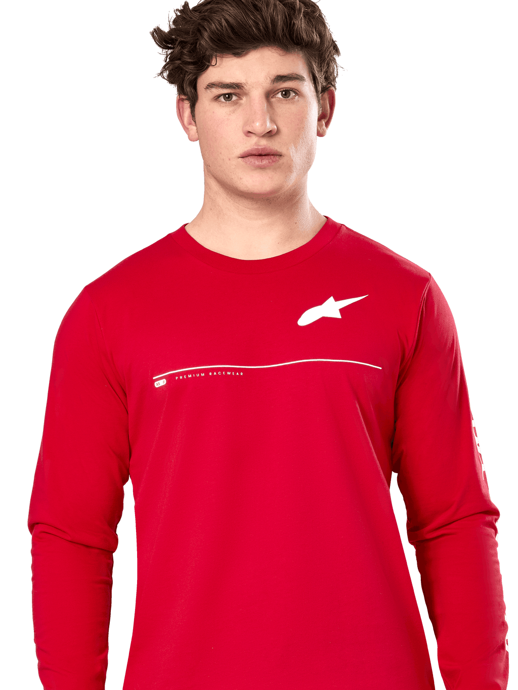 Alpinestars Committed CSF Tee, Long Sleeve T-Shirt, Red, White Astars Logo on chest with horizontal line and "Premium Racewear" text, worn by a male model, casual motorsport-inspired streetwear