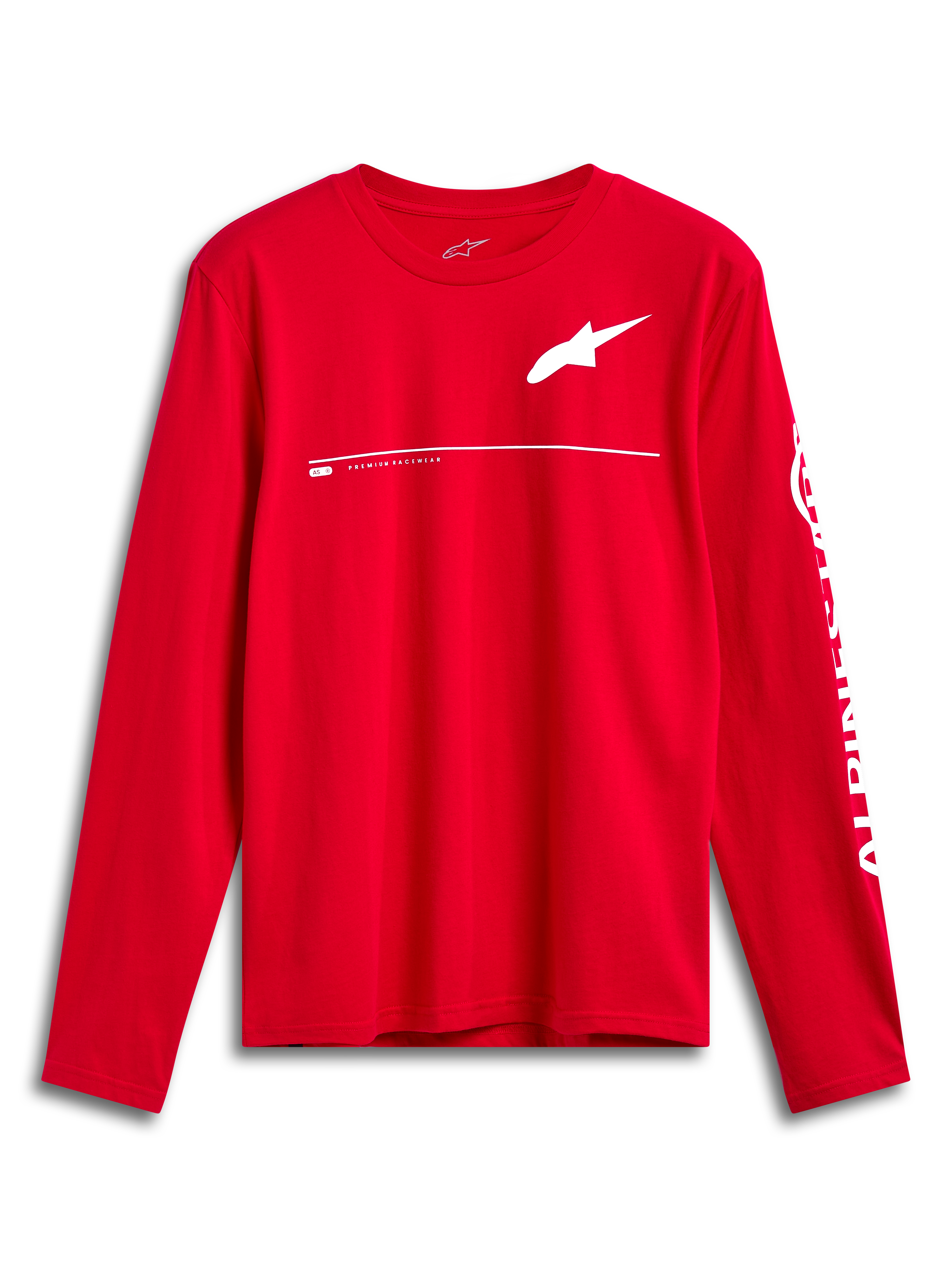 Alpinestars Committed CSF Tee, Long Sleeve T-Shirt, Red, White Astars chest logo and Alpinestars sleeve branding, casual motorsport-inspired design