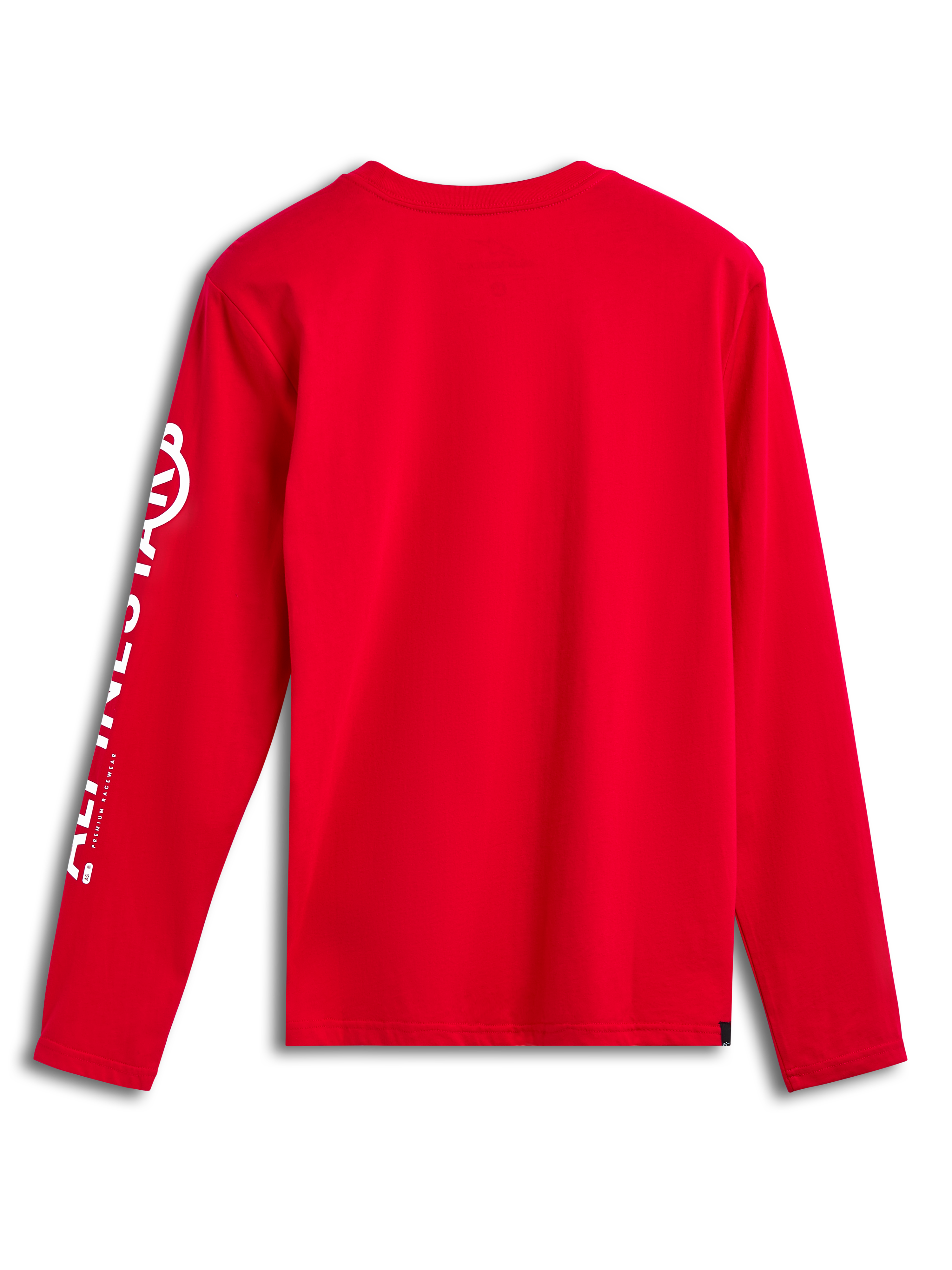 Alpinestars Committed CSF Tee, Long Sleeve T-Shirt, Red, Back view, vertical white Alpinestars sleeve logo, casual motorsport-inspired apparel