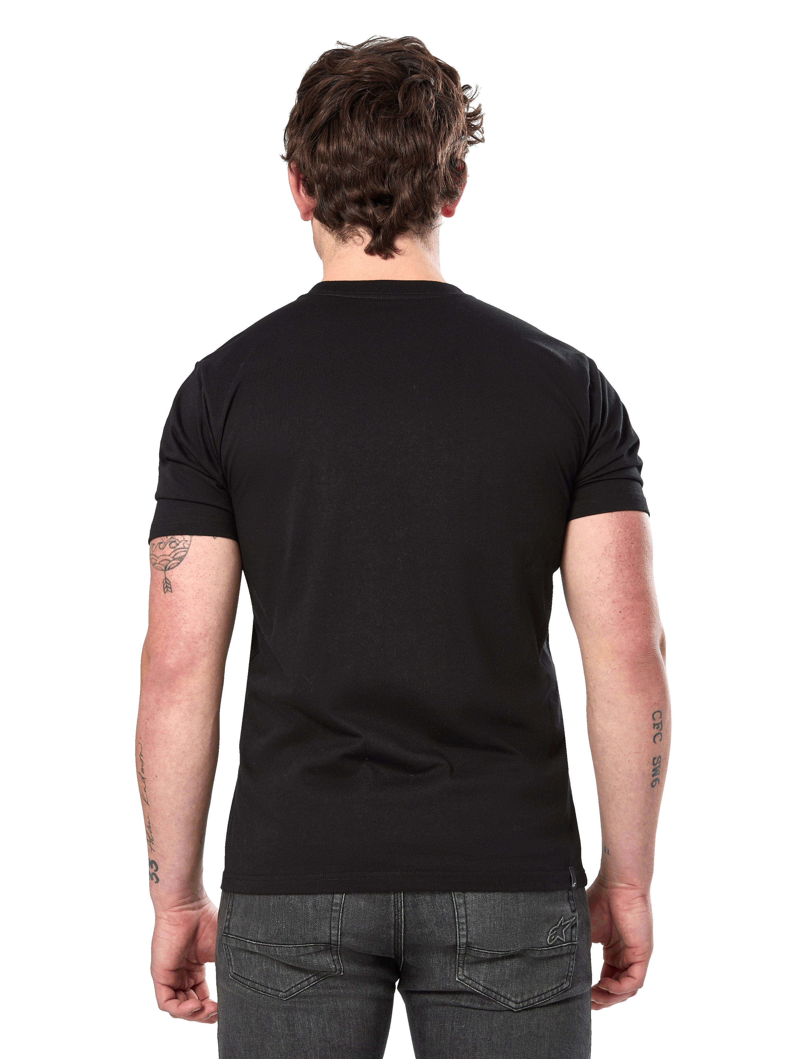 Alpinestars Semicircle CSF Tee, Short Sleeve T-Shirt, Black, back view on model, plain reverse side, casual motorsport streetwear, styled with dark gray jeans