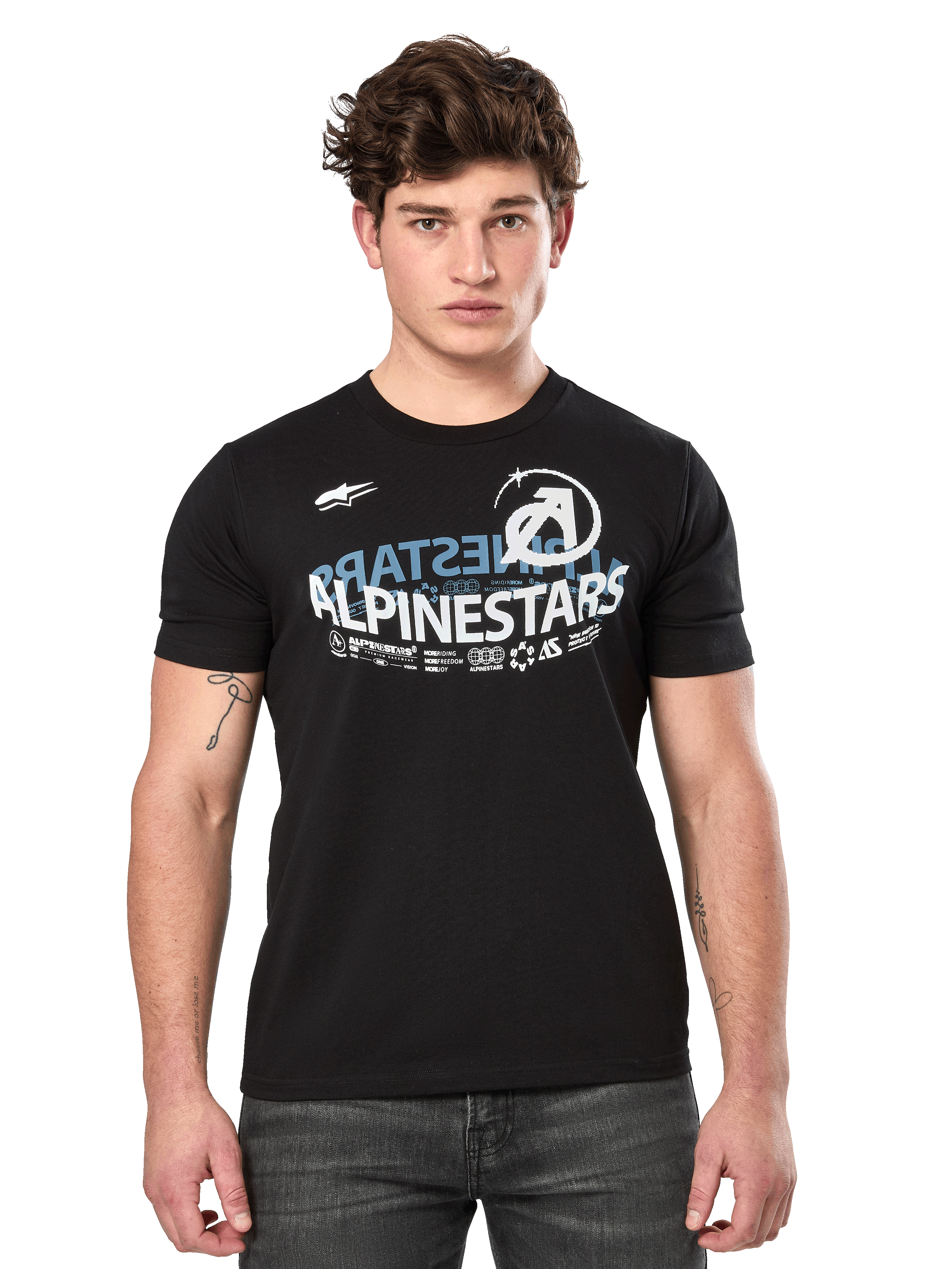 Alpinestars Semicircle CSF Tee, kortærmet t-shirt, sort, hvid og blå buet Alpinestars halvcirkel-grafik på brystet, casual motorsport streetwear